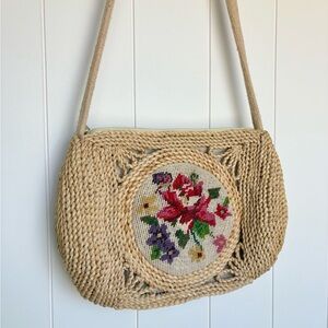 Vintage Needle Point Floral Embroidered Lined Woven Bag 12”x9”